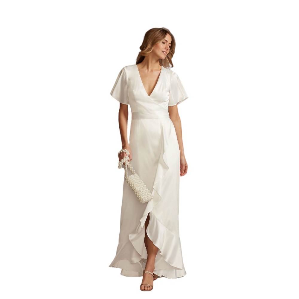 David’s Bridal Flutter Sleeve Stretch Satin Dress with Ruffle Hem in Size 0